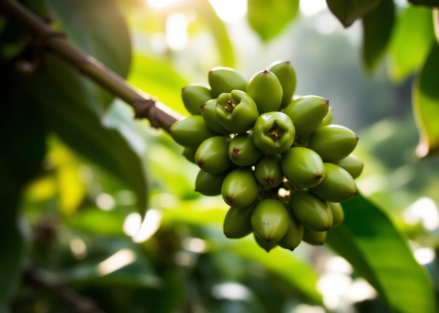 Green coffee cherries on a branch at origin